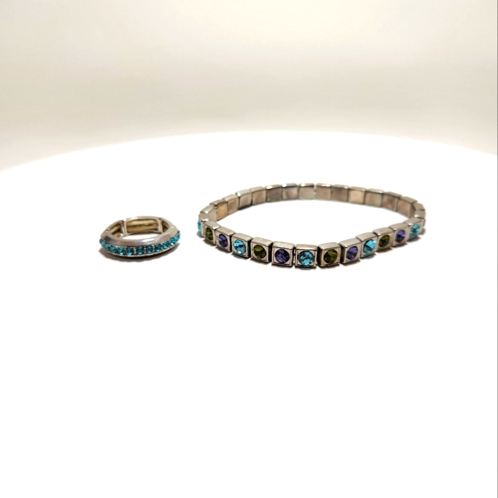 Gemstone Silvertone Stretch 7.25" Bracelet and 5.5 6.5 Ring Set Cyan Green Blue - Picture 4 of 11